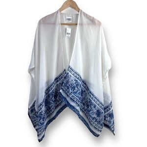 Sears Women's One Size Lightweight Kaftan Shawl White Blue Floral Ruana Ink‎ New